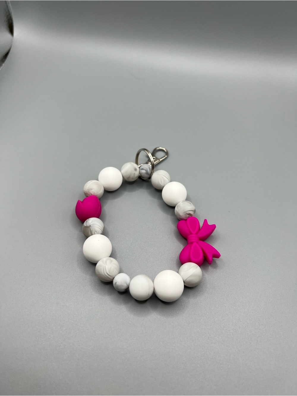 White Marble Beaded Keychain Bracelet with Pink Bow Charm - Handmade - K0235C